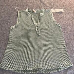 Mono B Womens Green Waffle Knit Henley Tank Top Mineral Wash KT11894 L NEW